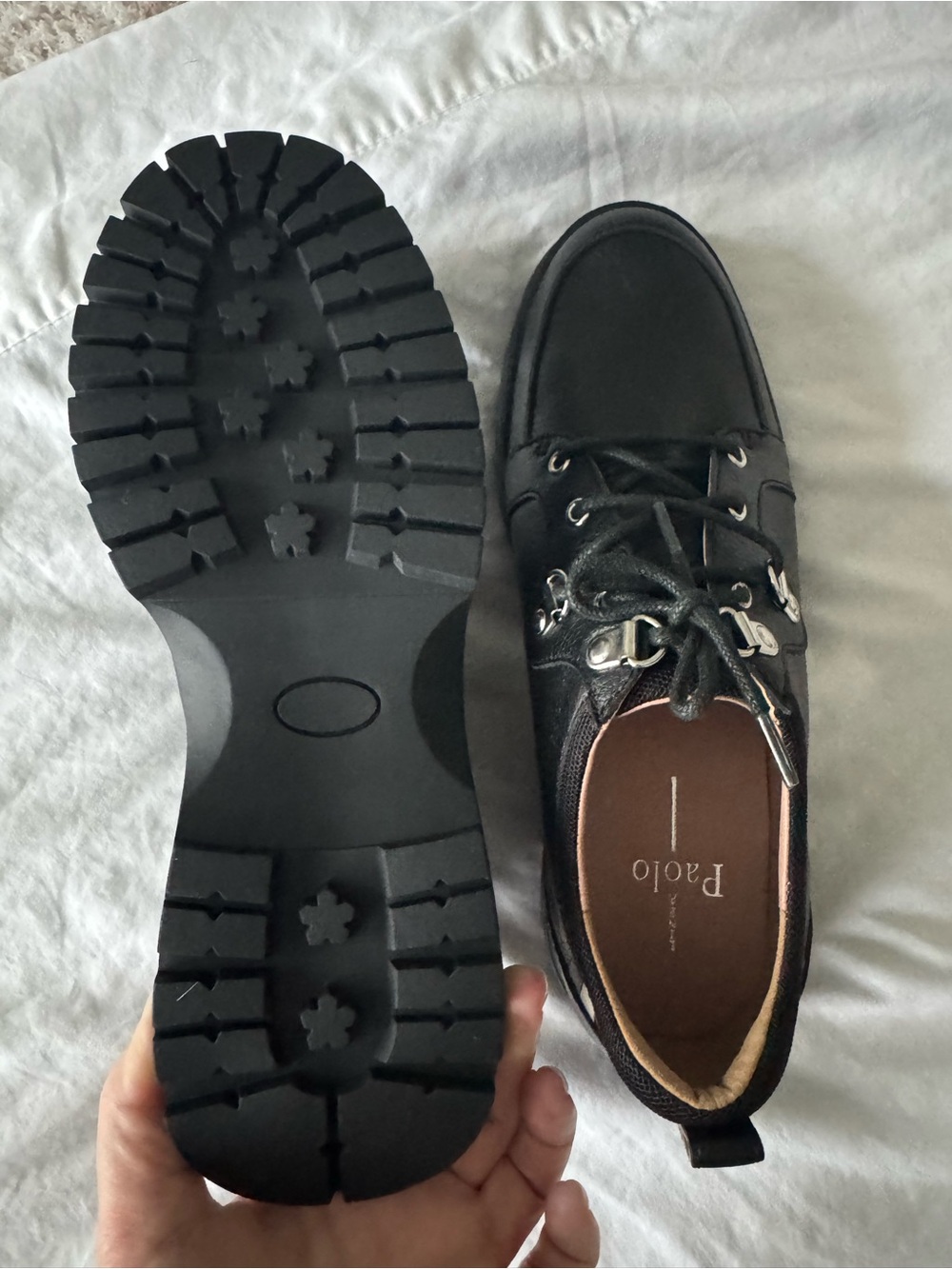 Black Leather Lug-Soled Lace-Up Boots with Silver Hardware - Picture 4 of 6